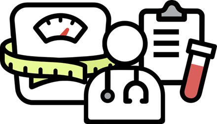 Illustration of scale, doctor, clipboard and test tube
